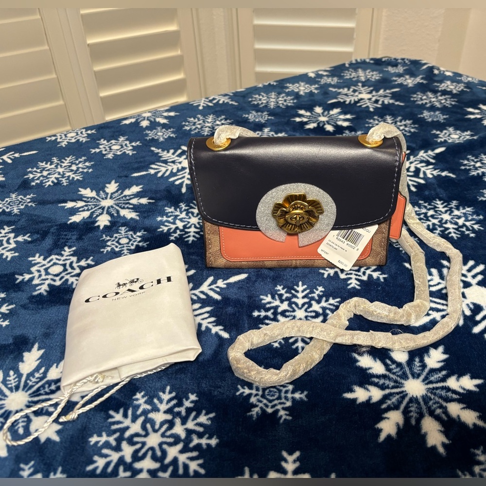 Coach Navy and Tan Mini Bag with Gold Flower Accent - Picture 6 of 6